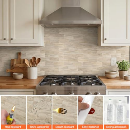 10 Sheets Warm Beige PVC Subway Tiles Peel and Stick Backsplash,11.8''x11.8'' Heat Resistant Stick on Tiles for Kitchen,Waterproof Peel and Stick Wall Tiles for Bathrrom - color: Warm Beige Stone