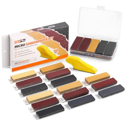 POLIWELL 120Pcs Micro Detail Sandpaper Kit with 3.5”×1” Hand Sanding Block - size: 80-600Grit