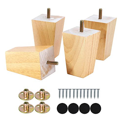 Maricome 4 Inch Sofa Legs Set of 4 Replacement Feet for Couch Wood Furniture Legs Pre-Installed M8 Bolt Screw in Heavy Duty Pyramid Square - size: 4 Inch Natural