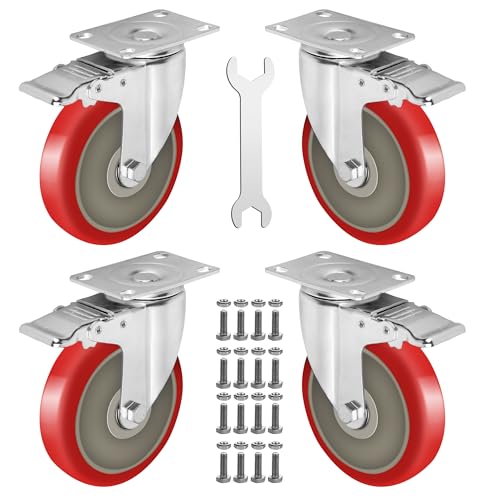 5 Inch Caster Wheels Heavy Duty Casters Set of 4, 2400 LBS Load Capacity - color: Red & Silver, size: 5 Inch