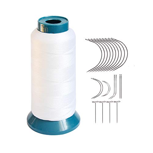 Hair Weaving Thread with C/J/I/T Needles 1200 Yards 250 D Strength Polyester Thread Sewing Thread for Making Wigs Hair Extension Kit (White) - color: White