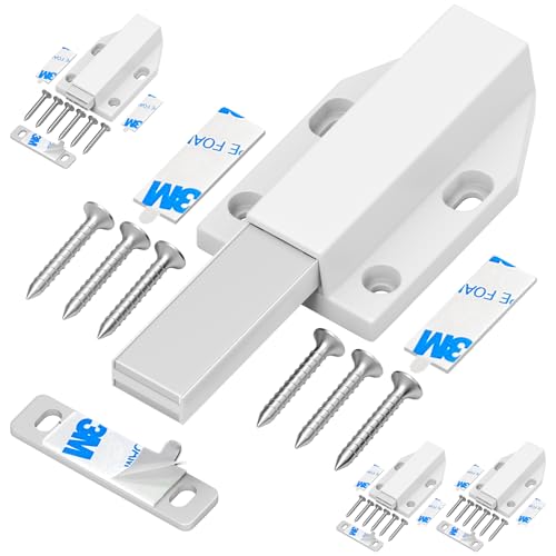 Magnetic Push Latch Without Nail Installation Tonitrui Heavy Duty Magnetic Touch Latches for Large Door Push Release Latch Kitchen Drawer Push Catch Press Out Latch(White 4 Pack) - color: White