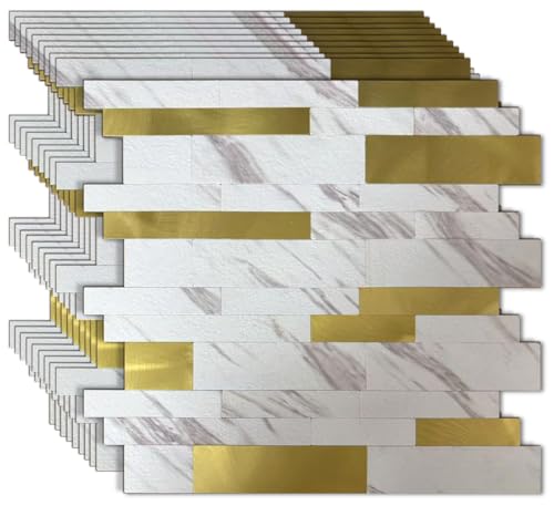 10 Sheets Backsplash Tile for Kitchen Peel and Stick, 11.81" X 11.81" Self-Adhesive Waterproof, Metal Backsplash Subway Tile, Stick on Tiles Kitchen Bathroom (White Marble+Frosted Golden) - color: White Marble+Frosted Golden