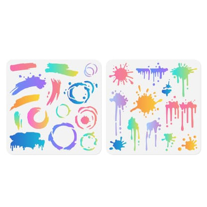 2pc Ink Splatter Wall Stencil for Painting, 11.8"x11.8" Brush Strokes Reusable Stencil for Wood Burning, Splatter Brushwork Paint Template DIY Craft Art Stencil on Wood Fabric Canvas Journal - style: Splatter & Brushwork