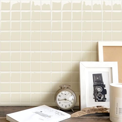 Alwayspon 10 Sheets 10"x10" Beige 3D Vinyl Backsplash Tiles, Self-Adhesive Peel and Stick Wall Tile Stickers Stick on Subway Tiles for Kitchen Bathroom Wall - color: Beige