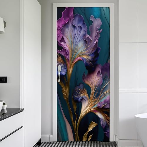 REDAMANCY Abstract Purple Green Iris Floral Marble Peel and Stick Door Stickers Vinyl Mural Decals Decor Modern Wallpaper Self-Adhesive, Waterproof, Removable - color: Mta-35