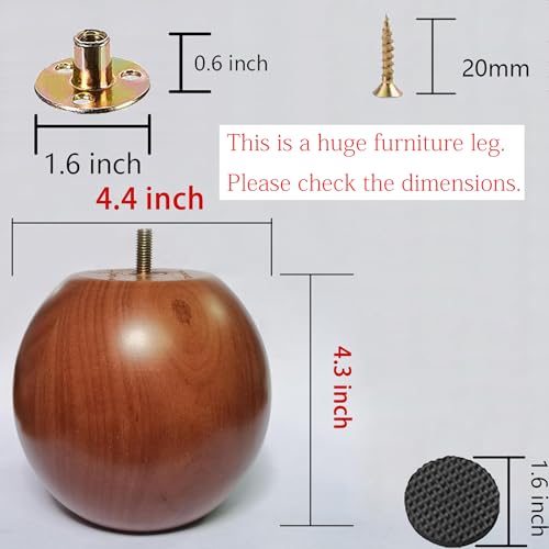 4.3 Inch Wooden Sofa Legs, Solid Wood Round Sofa Furniture Replacement Huge Bun feet, Big Wooden Feet for Cabinet/Desk/Funiture/Bookcase DIY, with Mounting Plate & Screws, 2Pcs - size: 4.3 inch Walnut