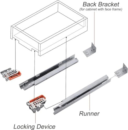 6 Pair 15 Inch Ball Bearing Full Extension Soft Close Undermount Drawer Slides, Bottom Mount Slow Self Closing Cabinet Metal Drawer Rails with Runner, Locking Device, Back Bracket and Screws - size: 6 Pairs of 15 Inch