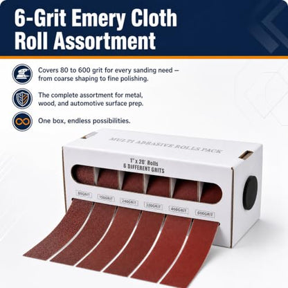 Wet Dry Emery Cloth Sandpaper 1"x19.7ft 6 Rolls with Dispenser, 80-600 Grit