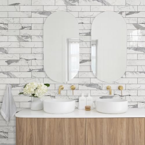 Vamos Tile Peel & Stick Backsplash on Subway Tile,40-Pack 3''x12'',Glossy - color: Statury White with Dark Gray Grout