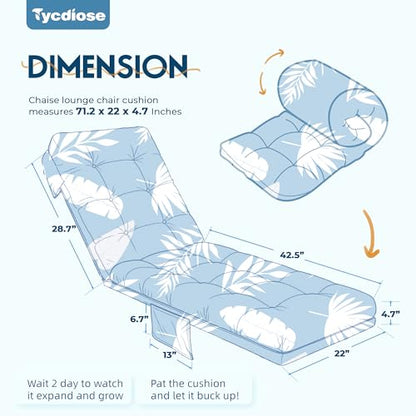 Outdoor Chaise Lounge Chair Cushion, 71 x 22 x 4.7 Inches Waterproof Chaise Lounge Cushions Replacement for Outdoor Furniture, Thickened Non-Slip Patio Lounge Chair Cushions, Blue Leaves - color: Blue Leaves