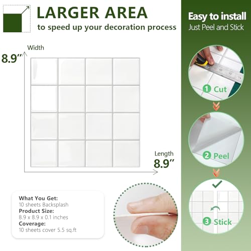 STICKGOO 10 Sheets Peel and Stick Backsplash - 9" x 9" 5D Adhesive Peel and Stick Tile Backsplash for Kitchen&Bathroom - color: White