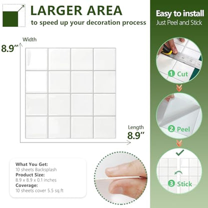 STICKGOO 10 Sheets Peel and Stick Backsplash - 9" x 9" 5D Adhesive Peel and Stick Tile Backsplash for Kitchen&Bathroom - color: White