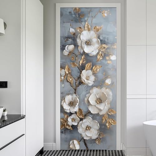 REDAMANCY Grey White Peony Floral Golden Leaf Modern Peel and Stick Door Stickers Vinyl 3D Door Mural Decals Decor Wallpaper Self-Adhesive, Waterproof, Removable - color: Mta-24