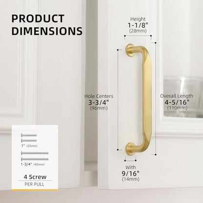Goldenwarm 10 Pack 3-3/4 Inch Brushed Brass Cabinet Pulls Solid Handles - color: Brushed Brass, size: 3-3/4 Inch Hole Center