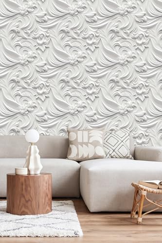 Peel and Stick Wallpaper White Gray Scroll Floral Accent - color: White&Light Gray, size: 17.7" x 118"