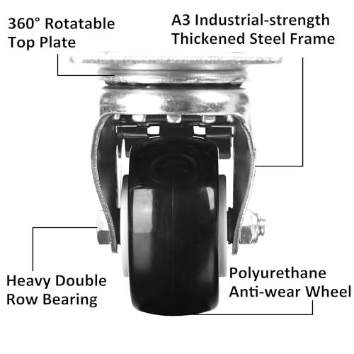 Finnhomy Caster Wheels Set of 4 with Brake 2 Inch Heavy Duty Plate Swivel Casters Premium PU Wheels for Furniture/Workbench Load Bearing 800 Lbs Lockable Anti-wear Smooth Casters Black (Free Screws) - style: 2" (with Brake)
