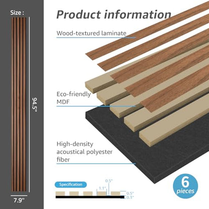 Art3d 6-Pack Soundproof Wood Slat Wall Panels, 94.5 x 7.9 Inch, Walnut - color: Walnut, size: 6Pcs - 94.5 * 7.9 inch