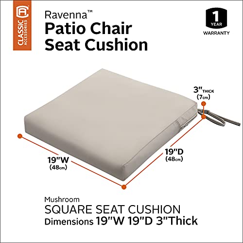 Classic Accessories Ravenna Water-Resistant 19 x 19 x 3 Inch Patio Seat Cushion, Mushroom, Chair Seat Cushion - color: Mushroom, size: 19"W x 19"D x 3"Thick