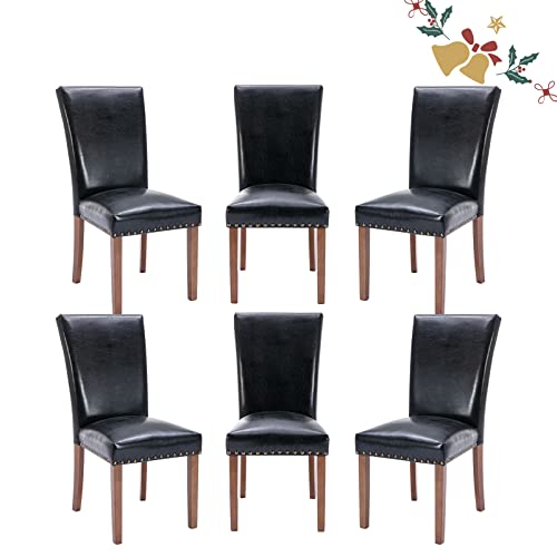 Parsons Dining Chairs Set of 6, Upholstered Nailhead PU Leather Dining Room Kitchen Side Chair with Thick Cushions and Wood Legs, Black - color: Black, size: set of 6