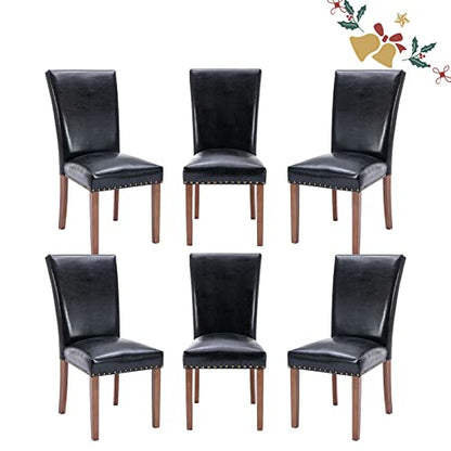 Parsons Dining Chairs Set of 6, Upholstered Nailhead PU Leather Dining Room Kitchen Side Chair with Thick Cushions and Wood Legs, Black - color: Black, size: set of 6
