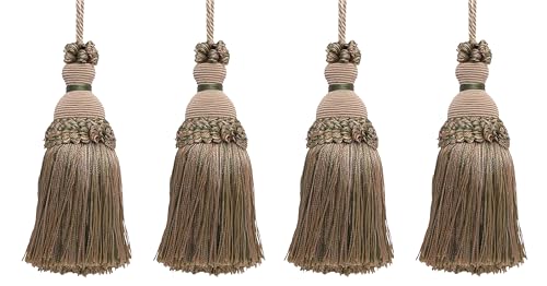 DÉCOPRO Beautiful Hand-Crafted 5" (12.5cm) Key Tassel, 3 1/2" (8.5cm) Loop # IKTJ, Beige Khaki Green #4567 (Khaki Green, Dark Beige) Set of 4 - color: Beige Khaki Green #4567 (Khaki Green, Dark Beige), size: Set of 4