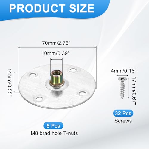 uxcell 8Pcs M8 Brad Hole t Nut, 70mm/2.8inch Round Base Weld Nuts Flange Insert Female Thread with Mounting Screws for Wood Furniture - size: M8, 70mm