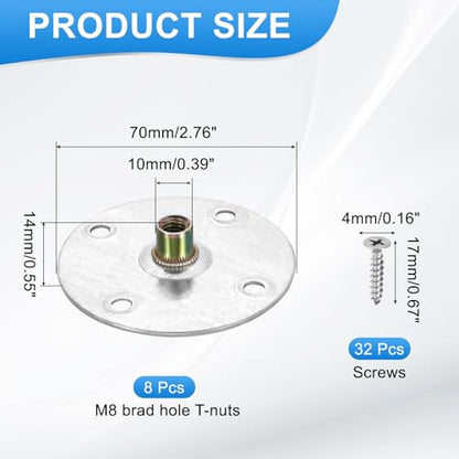 uxcell 8Pcs M8 Brad Hole t Nut, 70mm/2.8inch Round Base Weld Nuts Flange Insert Female Thread with Mounting Screws for Wood Furniture - size: M8, 70mm