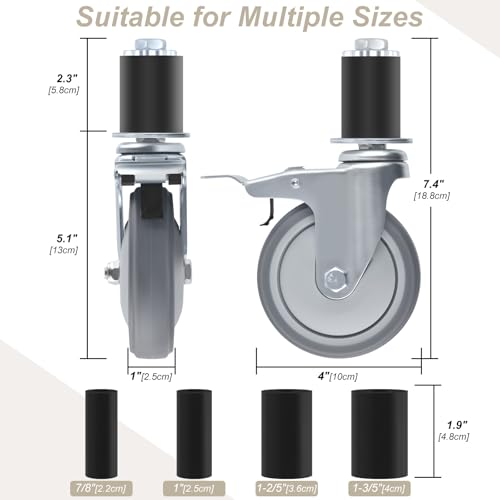 ERKOON 4 Inch Prep Table Caster Wheels Set, 4 Heavy Duty Expanding Stem Casters Fit 7/8", 1", 1-1/2", 1-5/8" Tube Leg with Brake for Stainless Steel Table, Cart, Furniture Legs, Kitchen Workbench - color: 4inch