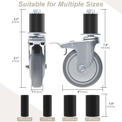 ERKOON 4 Inch Prep Table Caster Wheels Set, 4 Heavy Duty Expanding Stem Casters Fit 7/8", 1", 1-1/2", 1-5/8" Tube Leg with Brake for Stainless Steel Table, Cart, Furniture Legs, Kitchen Workbench - color: 4inch