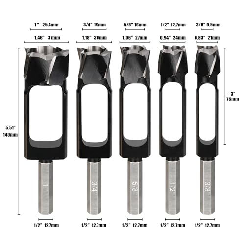 5PCS Wood Plug Cutter Set, Inner Dia 3/8'' 1/2'' 5/8'' 3/4'' 1'' - size: 3/8'', 1/2'', 5/8'', 3/4'', 1''