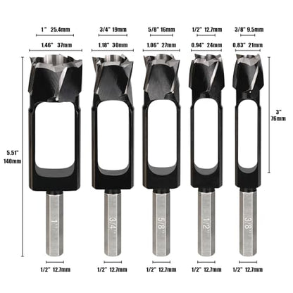 5PCS Wood Plug Cutter Set, Inner Dia 3/8'' 1/2'' 5/8'' 3/4'' 1'' - size: 3/8'', 1/2'', 5/8'', 3/4'', 1''