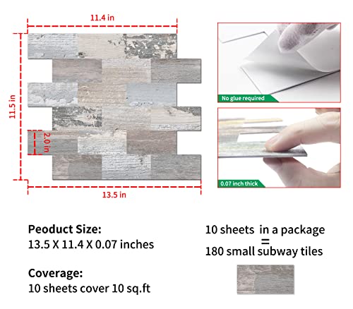 DEWOO Peel and Stick Wall Tile Kitchen Backsplash Self Adhesive 10 Sheet - color: Rustic Baywood