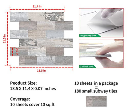 DEWOO Peel and Stick Wall Tile Kitchen Backsplash Self Adhesive 10 Sheet - color: Rustic Baywood