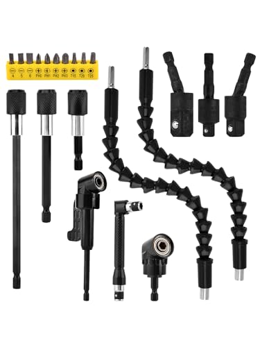 21Pcs Right Angle Drill Attachment Set Include 2Pcs Flexible Drill Bit Extension 3Pcs 360° Rotatable Socket Adapter 2Pcs Hex Shank 105° Right Angle Attachment 10 Screwdriver Bits(COLOR:black)
