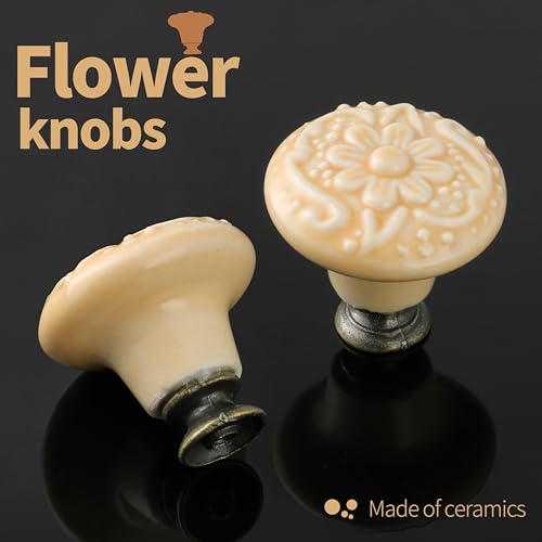 Ceramic Knobs, Embossed Floral Design - Warm Beige, 20pcs - color: Warm Beige