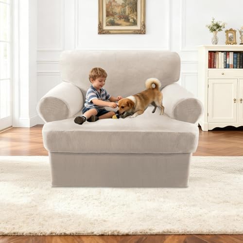 2 Pieces T Cushion Chair Covers with Arms Thick Velvet Couch Cover Stretch T Cushion Sofa Covers for Living Room Chair Cover with Individual T Cushion Covers , Washable (1 Cushion Chair, French Oak) - color: French Oak, size: Armchair (1 Cushion)