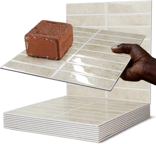 3D Peel and Stick Backsplash, 11.61'' x 11.61'', Beige, Marble - color: Beige, Marble, size: 11.61 X 11.61 Inches (Pack of 10)