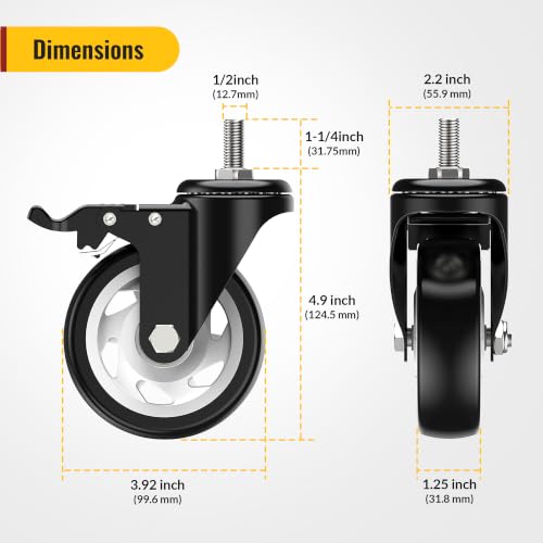 HOLKIE Caster Wheels 4 inch Total Locking Stem Casters, 1/2" -13x 1-1/4" (Stem Diameter 1/2", Stem Length 1-1/4") Threaded Stem Casters Swivel Casters Set of 4 Heavy Duty Castors Black - size: 4 Inch-Black-With Brake (1/2" -13 x 1-1/4")
