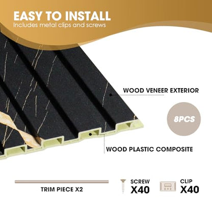 OUZUGIE WPC Acoustic Slat Wall Paneling, 8-Pack 96 x 6 Inches - color: Black marble, size: (Low)96“ x 6"