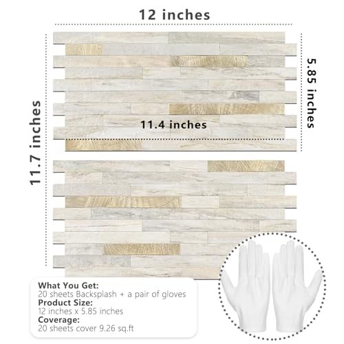 STICKGOO 20 Sheets Peel and Stick Backsplash Tile, Stick on Backsplash for Kitchen and Bathroom, Sunny Beige Look PVC Mixed Metal Gold Self Adhesive Wall Tiles - color: Sunny Beige + Metal Gold