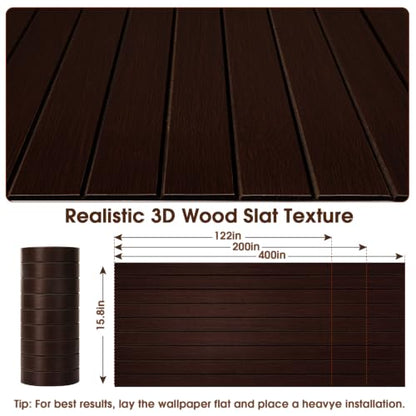 3D Peel and Stick Wall Panels PVC Grille Slat 394"x15.8" Self-Adhesive Wall Sticker Soundproof Paneling for Walls and Ceiling in Faux Brown Wood Grain Texture - color: Brown Wood Grain, size: 394"x15.8"