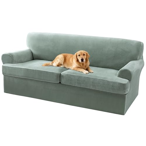 T Cushion Sofa Slipcover 3 Piece Sofa Covers for 2 Large Cushion Couch Thick Velvet Couch Cover Stretch Furniture Covers with 2 Individual T Cushion Covers, Washable (2 Cushion Sofa, Sea Grass) - color: Sea Grass, size: Sofa (2 Cushion)