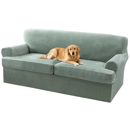 T Cushion Sofa Slipcover 3 Piece Sofa Covers for 2 Large Cushion Couch Thick Velvet Couch Cover Stretch Furniture Covers with 2 Individual T Cushion Covers, Washable (2 Cushion Sofa, Sea Grass) - color: Sea Grass, size: Sofa (2 Cushion)