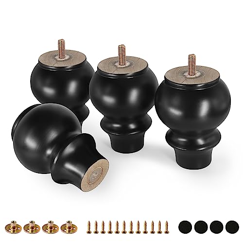 FoDau770 Rubber Wood Furniture Legs 4 Inch, Black Couch Legs, 4pcs - color: Black, size: 4 Inch