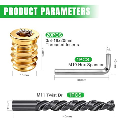 Twidec/22PCS 3/8-16 Threaded Inserts for Wood Furniture Screw-in Nut Wood Inserts Bolt Assortment Kit with Hex Wrench and Drill Bit(3/8-16x20mm) - size: 3/8-16x20mm