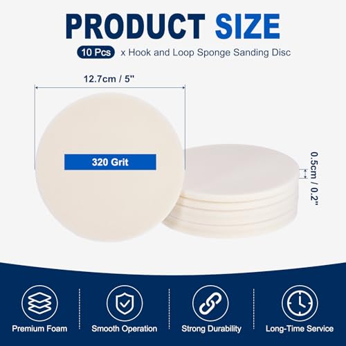 10Pcs 5 Inch Hook and Loop Sponge Sanding Disc, 320 Grit - size: 5 Inch 320 Grit