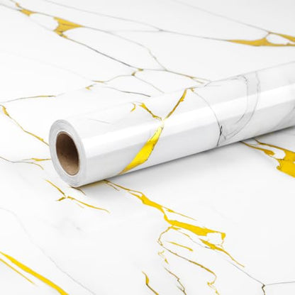 Glossy White Gold Marble Contact Paper 23.6" x 236" Peel and Stick Wallpaper - color: White/Gold, size: 23.6" x 236"