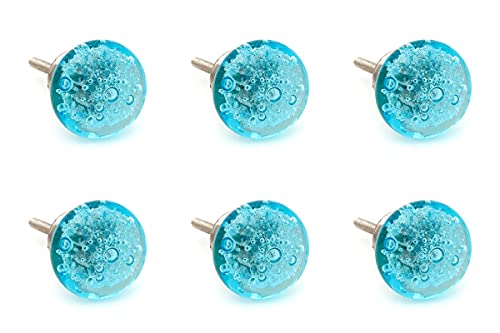 Aqua Blue Bubbles Glass (Nickel) Decorative Dresser Drawer, Kitchen Cabinet or Door Knob Pull - Pack of 6