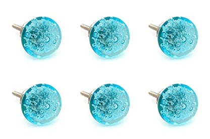 Aqua Blue Bubbles Glass (Nickel) Decorative Dresser Drawer, Kitchen Cabinet or Door Knob Pull - Pack of 6